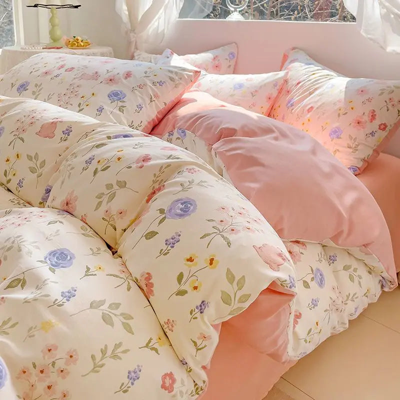 Spring Pink Floral Duvet Cover Set for Kids Girls Women Adults Luxury Bedding With Pillowcase Sheet Soft Bed Linen Home Textiles