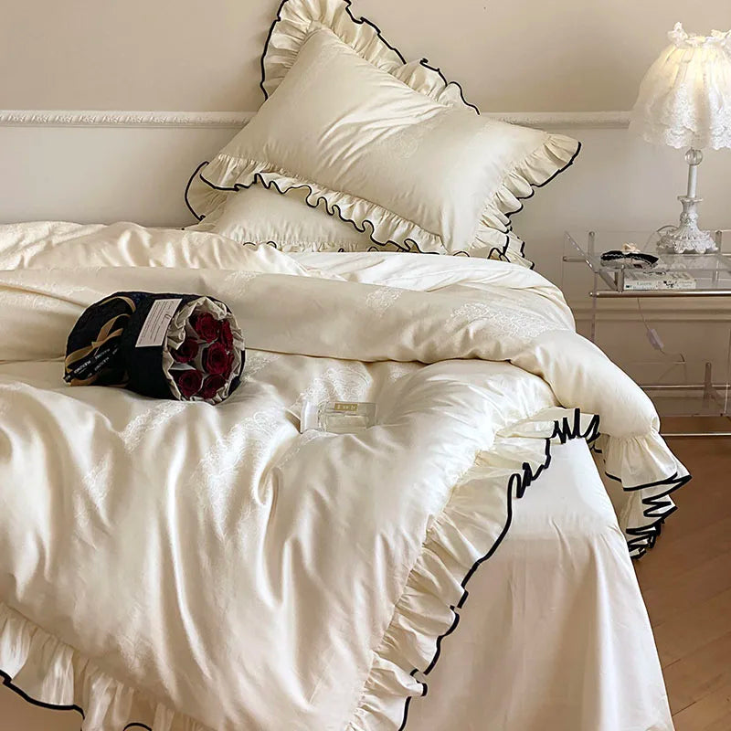 Luxury Egyptian Cotton Bed Set - French Princess Style, Ruffled Black Edge