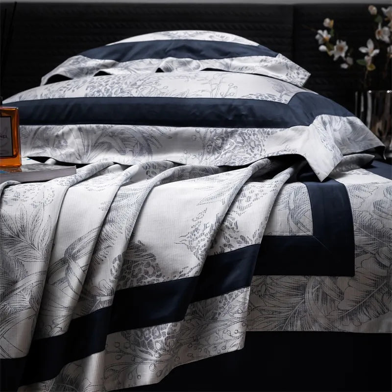 Luxury Black Grey Patchwork Bedding Set Soft Silky 1000TC Cotton Tropical Jungle Forest Duvet Cover Set Bed Sheet Pillowcases