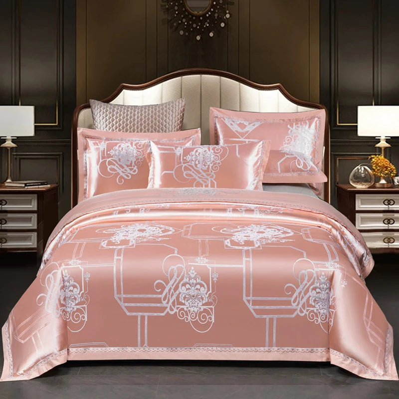 Luxury Jacquard Bedding Sets Floral Grey Pink Comfort A/B High-End Embroidery Duvet Pillowcase Flat Bed Sheet Queen King Size