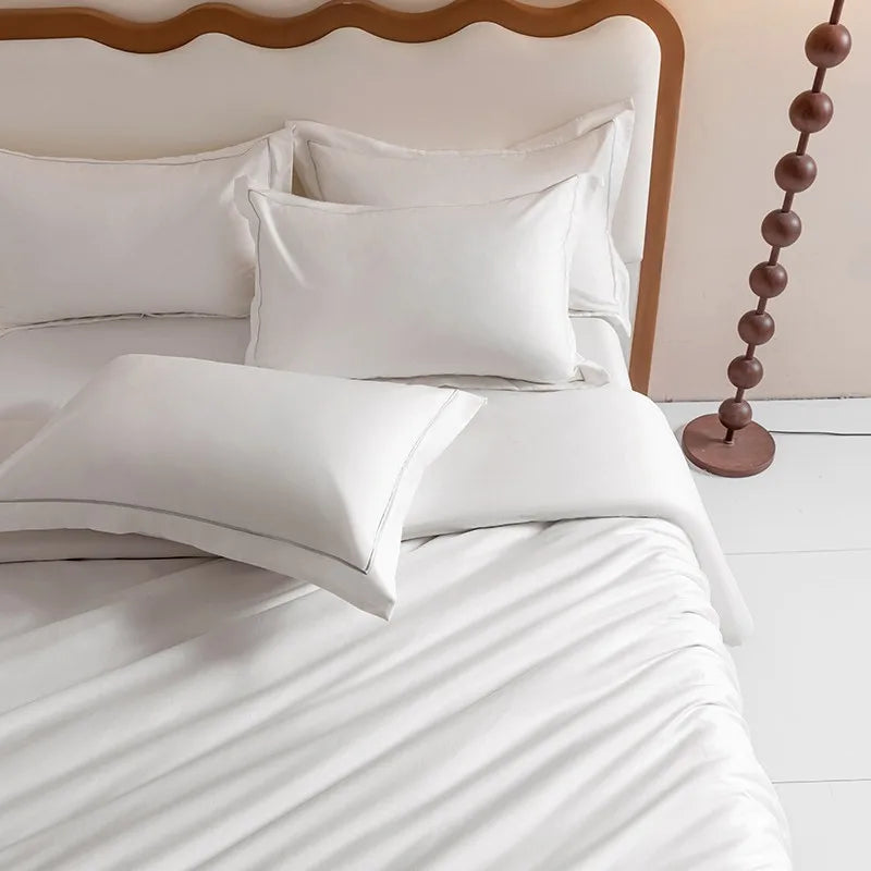 Egyptian Cotton White Duvet Cover Set with Silver Embroidery Border(1Duvet Cover+2Pillow Shams)Soft Breathable