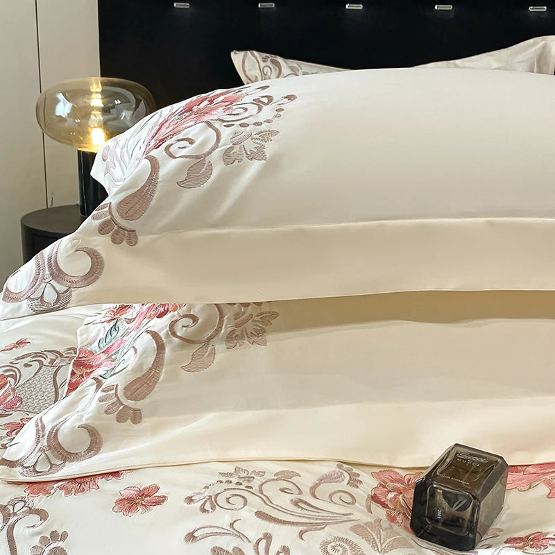 2025 New 100%Cotton Chic Embroidery Bedding Set Double Queen King 4Pcs Duvet Cover Flat/Fitted Bed Sheet Pillowcases