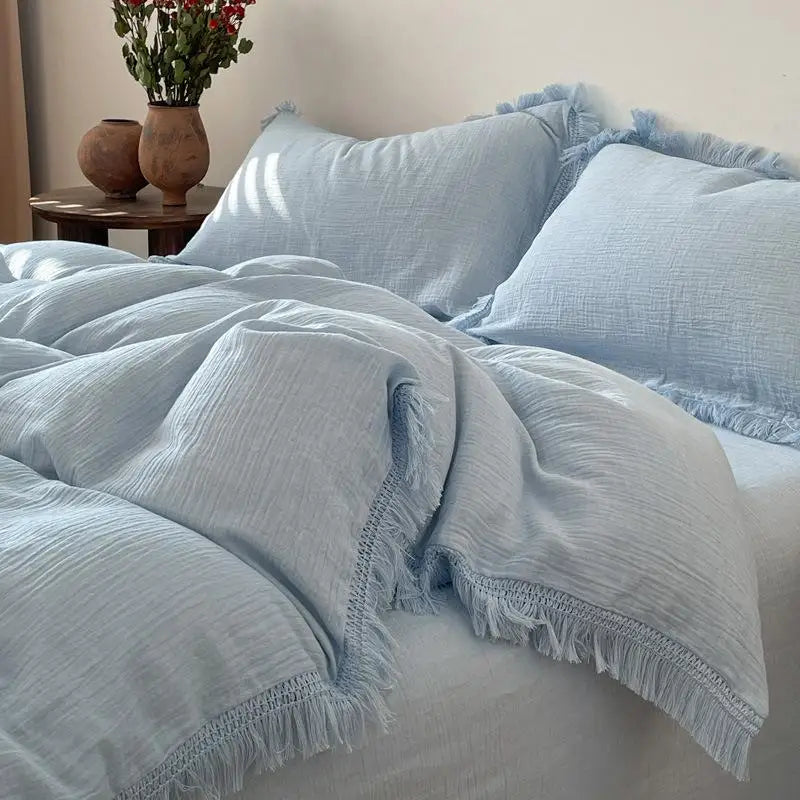 Tassels Duvet Cover Set 100% Cotton seersucker Linen Like Textured Natural Wrinkle Lightweight Comfy Soft Bed Sheet 2Pillowcases