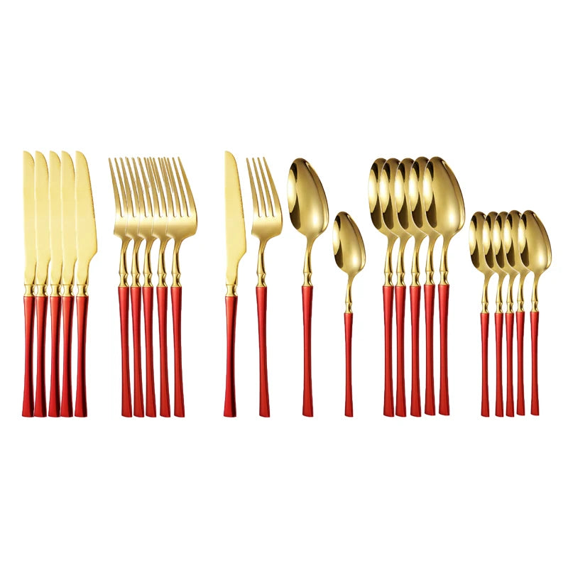 24pcs Stainless Steel Cutlery Set - Black/Gold, Dishwasher Safe
