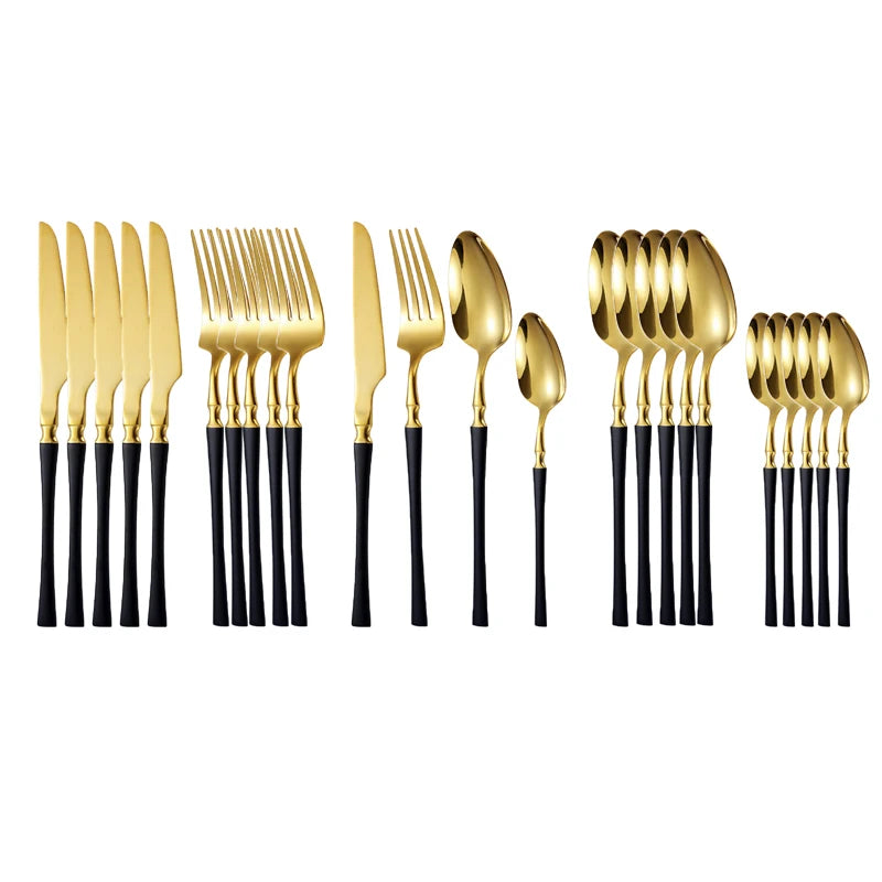 24pcs Stainless Steel Cutlery Set - Black/Gold, Dishwasher Safe