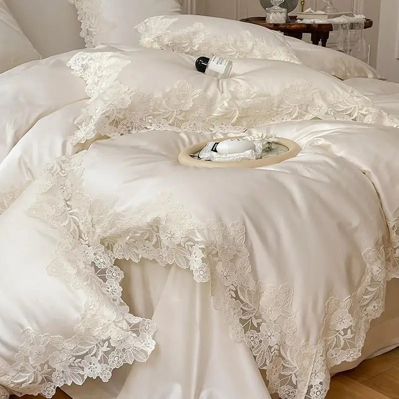 French Romantic Wedding Bed Set - White Lace, Egyptian Cotton