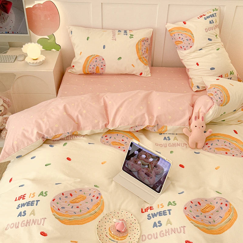 Kawaii Cute Donuts Bedding Set Flat Bed Sheet Girls Duvet Cover Single Double Full QueenSize Soft Bedclothes Pink Bedroom Linen