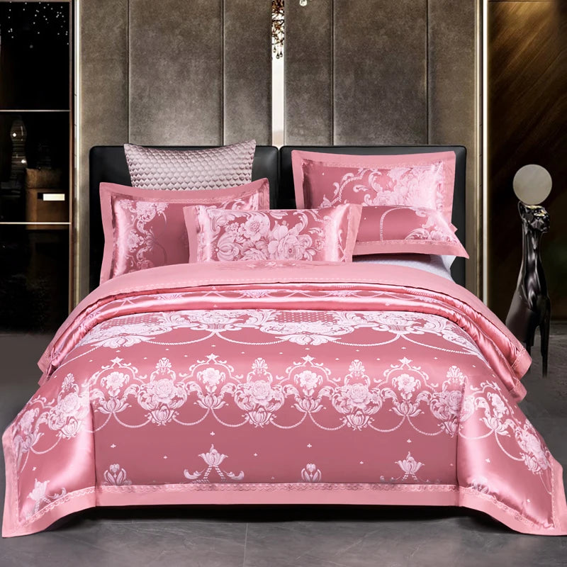 Luxury Jacquard Bedding Sets Floral Grey Pink Comfort A/B High-End Embroidery Duvet Pillowcase Flat Bed Sheet Queen King Size