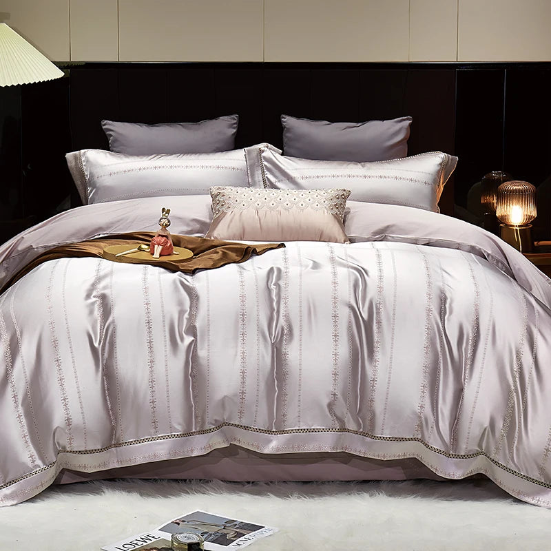 Luxury Satin Jacquard Bed Set - Gold Leaves, Egyptian Cotton, Duvet Cover & Sheets