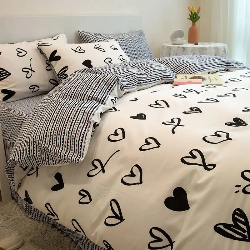 Ins Princess Heart Printed Duvet Cover Set Pillowcase Bed Sheet Girls Bedding Queen Twin Cute Flower Grid Quilt Cover No Filler