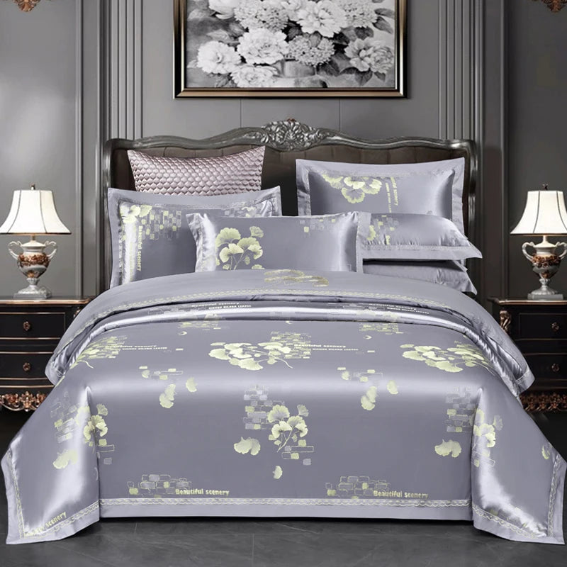 Luxury Jacquard Bedding Sets Floral Grey Pink Comfort A/B High-End Embroidery Duvet Pillowcase Flat Bed Sheet Queen King Size