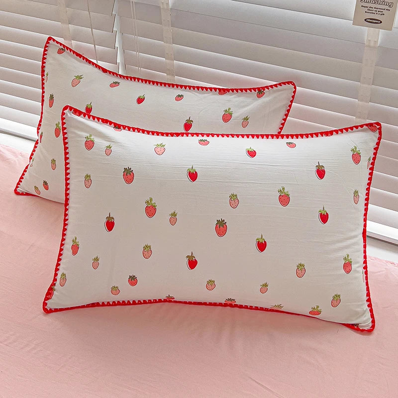 Cute Strawberry Duvet Cover Set with Flat Sheet Pillowcase No filler Queen Double Girls Kids Home Decor Washed Cotton Bed Linens