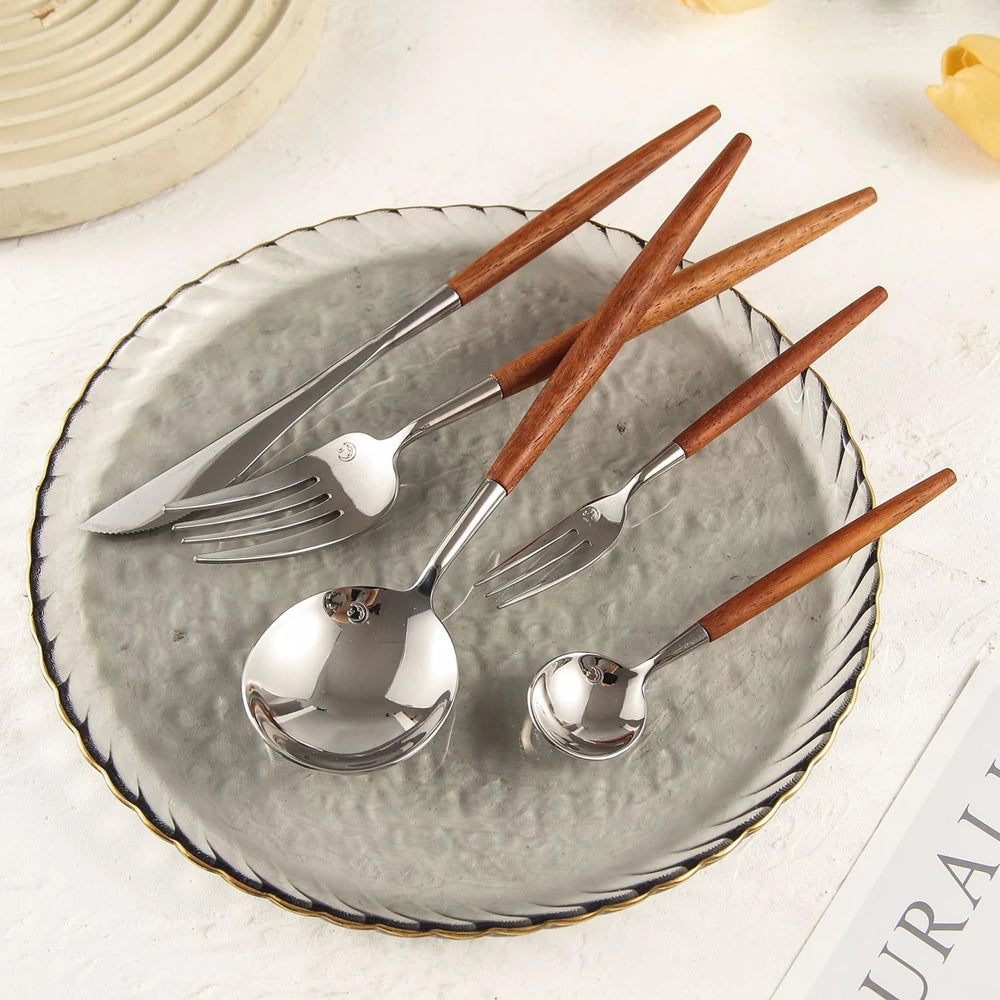 18/10 Stainless Steel Cutlery - Wood & Silver, Dishwasher Safe