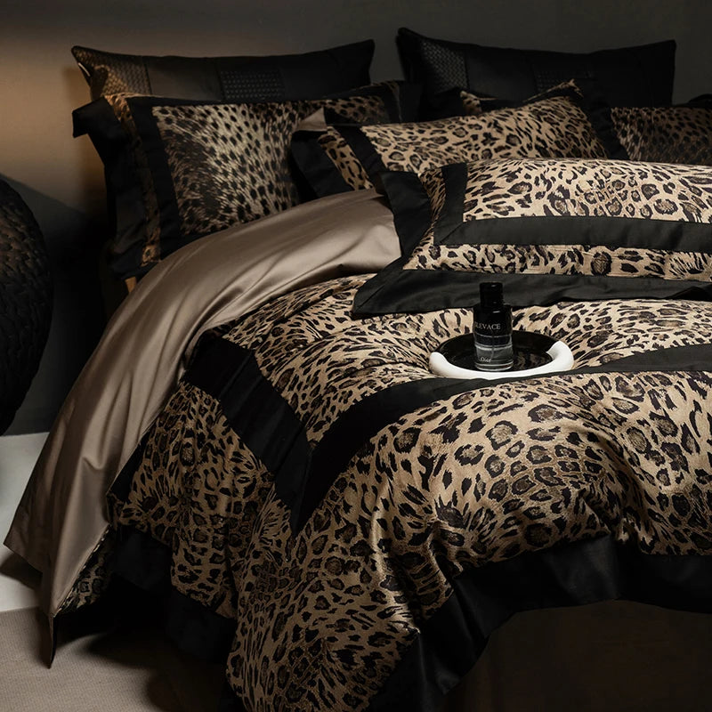 1000TC Egyptian Cotton Leopard Print Fashion Luxury Bedding Set Queen King Size Duvet Cover Flat/Fitted Bed Sheet Pillowcases