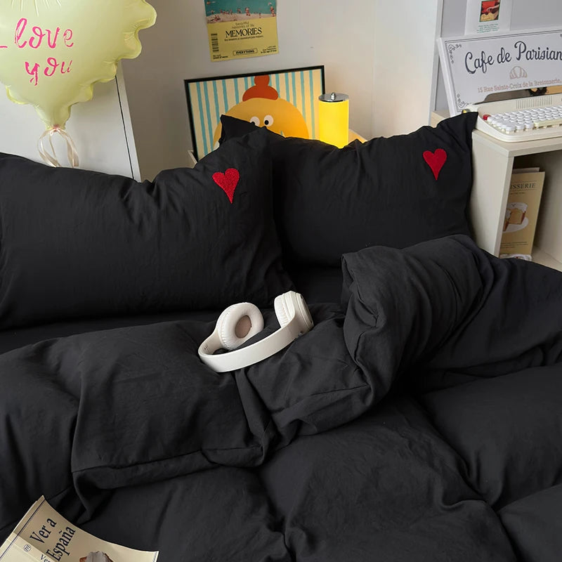 Black Nordic Duvet Cover Set - Heart Embroidery, 4-Piece, Luxury Bedding