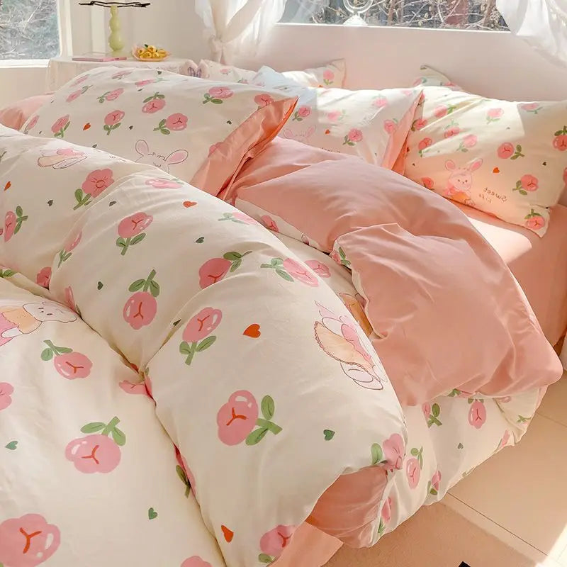 Spring Pink Floral Duvet Cover Set for Kids Girls Women Adults Luxury Bedding With Pillowcase Sheet Soft Bed Linen Home Textiles