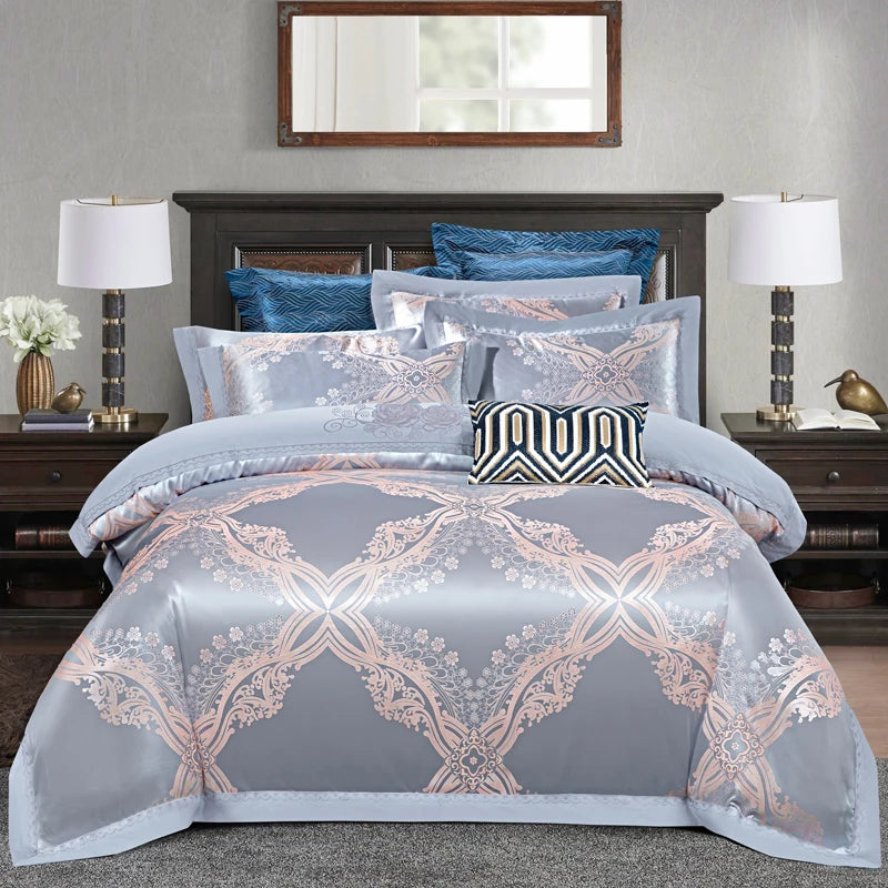 Luxury Soft Jacquard Bedding Set Floral White Blue Comfort A/B High-End Embroidery Duvet Pillowcase Bed Sheet Queen King Size