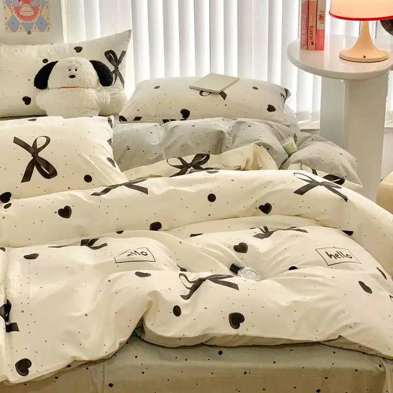 Cute White Black Bow Knot Bedding Set Polyester Fibre Bed Linen Soft Quilt Cover Sheet Simple Bedspread Girl Adult Home Textiles