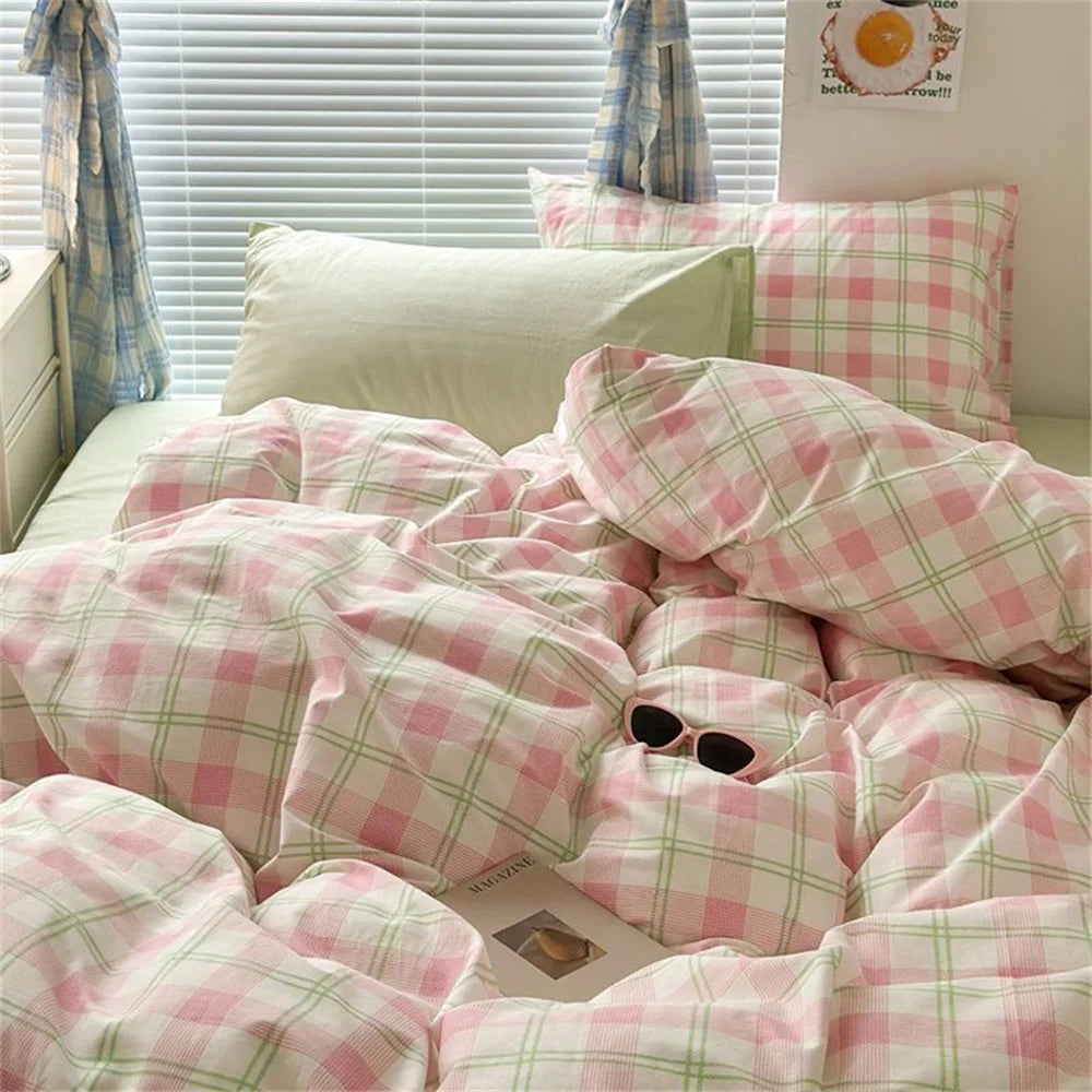 Ins Princess Heart Printed Duvet Cover Set Pillowcase Bed Sheet Girls Bedding Queen Twin Cute Flower Grid Quilt Cover No Filler