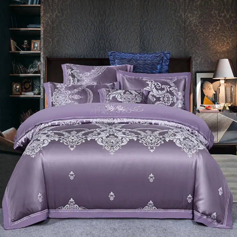 Luxury Jacquard Bedding Sets Floral Grey Pink Comfort A/B High-End Embroidery Duvet Pillowcase Flat Bed Sheet Queen King Size