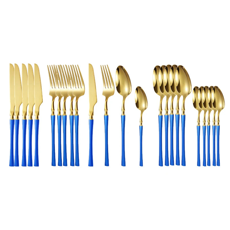 24pcs Stainless Steel Cutlery Set - Black/Gold, Dishwasher Safe