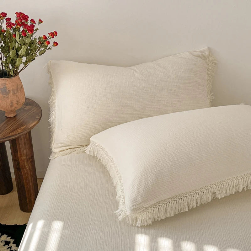 Tassel Duvet Cover Set - 100% Cotton, Seersucker Texture, 2 Pillowcases