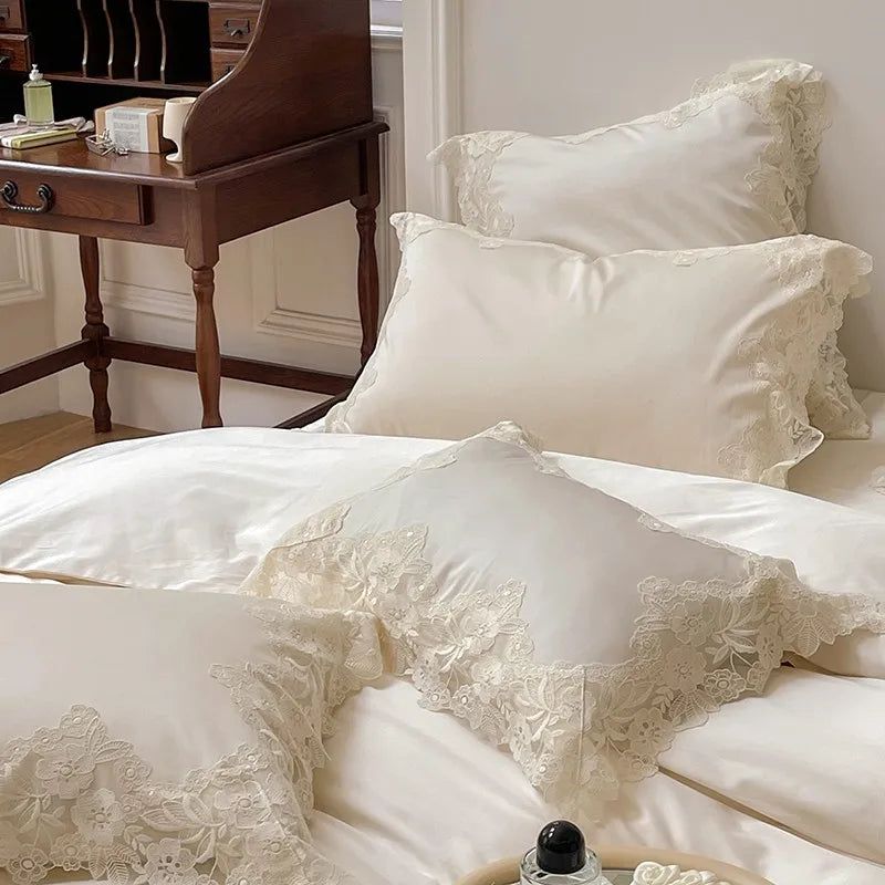 French Romantic Wedding Bed Set - White Lace, Egyptian Cotton