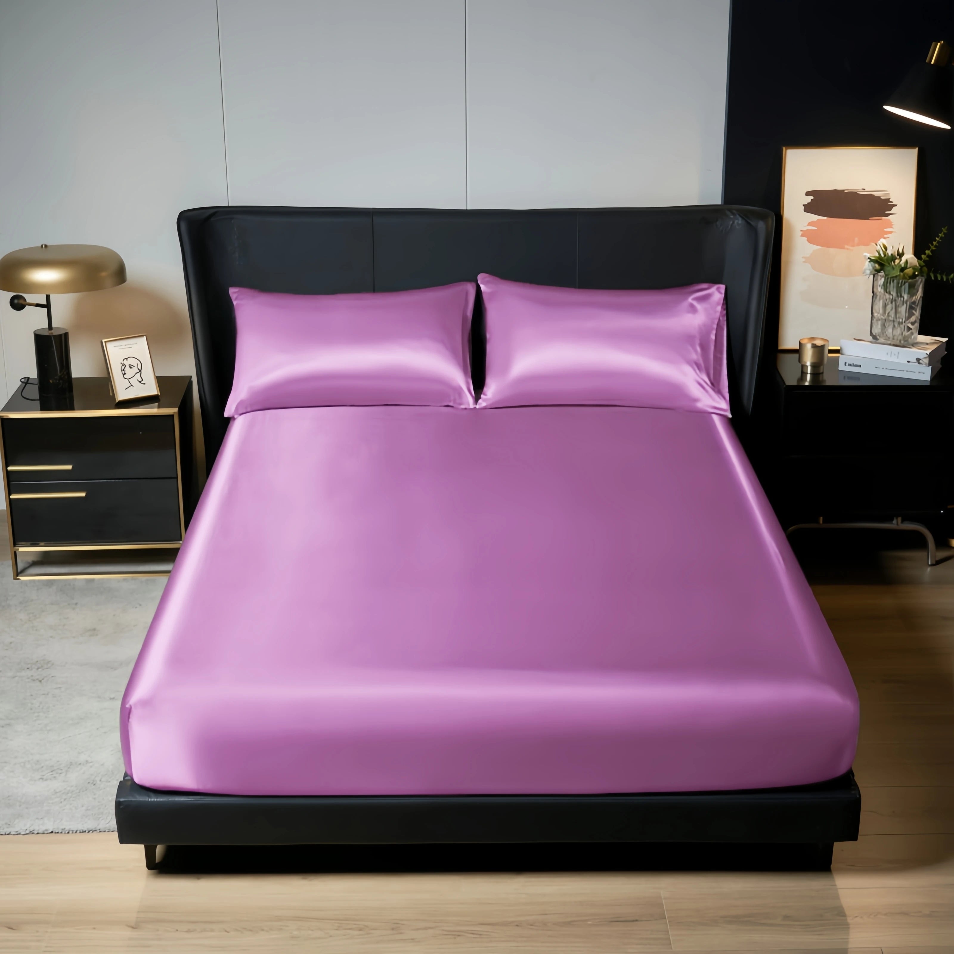 Drap-housse de literie en satin 100 % polyester (sans taie d'oreiller) avec bande élastique autour de la housse de matelas pour lit king size 