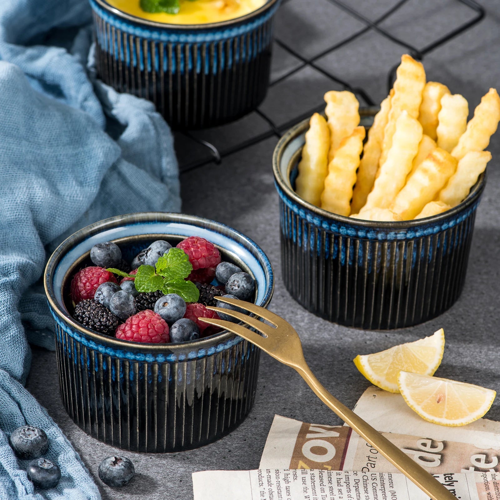 Vancasso Blue Ramekin Set - 6/12pc, Oven-Safe Soufflé Molds
