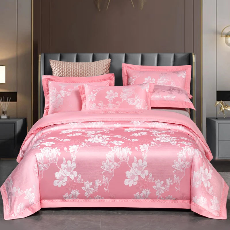 Luxury Jacquard Bedding Sets Floral Grey Pink Comfort A/B High-End Embroidery Duvet Pillowcase Flat Bed Sheet Queen King Size