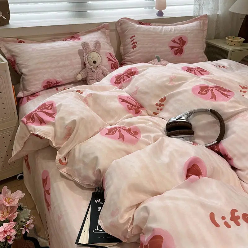 Ins Princess Heart Printed Duvet Cover Set Pillowcase Bed Sheet Girls Bedding Queen Twin Cute Flower Grid Quilt Cover No Filler