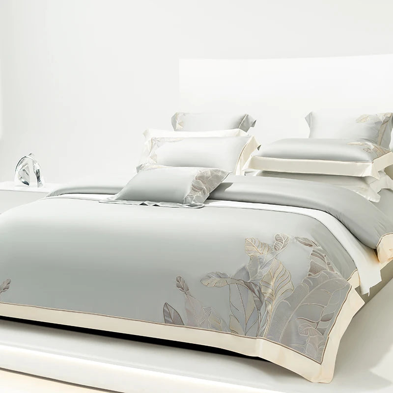 Eucalyptus Lyocell Bed Set - Summer Cool, Leaf Embroidery, Duvet Cover & Sheets