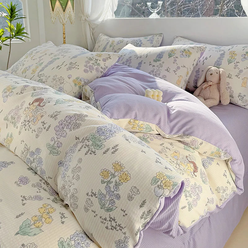 Fresh Botanical Floral Bedding Set Pink Flower Duvet Cover Bed Sheet Soft Quilt Cover with Pillowcase 200x230cm 4pcs No Filler