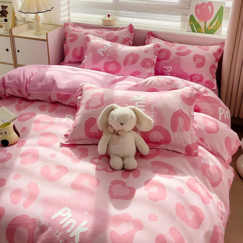 Korean Pink Leopard Bed Set - Twin/Full/Queen, Duvet Cover & Sheets