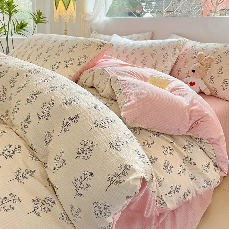 Fresh Botanical Floral Bedding Set Pink Flower Duvet Cover Bed Sheet Soft Quilt Cover with Pillowcase 200x230cm 4pcs No Filler