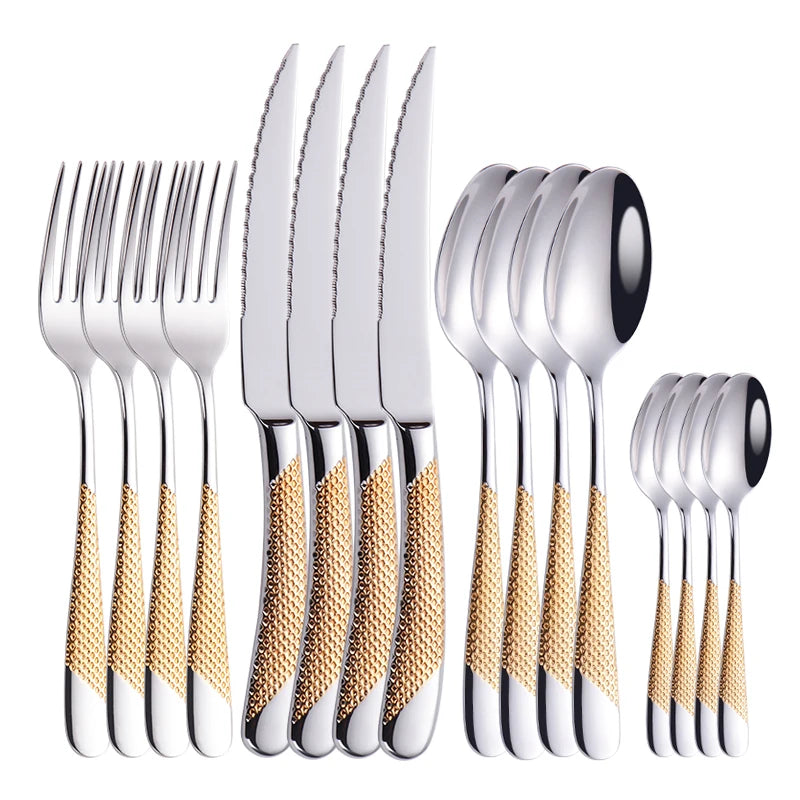 Fashion Golden Dinnerware Set 18/10 Stainless Steel Dinner Knife Fork Cutlery Set Service Silverware Flatware Drop Shipping