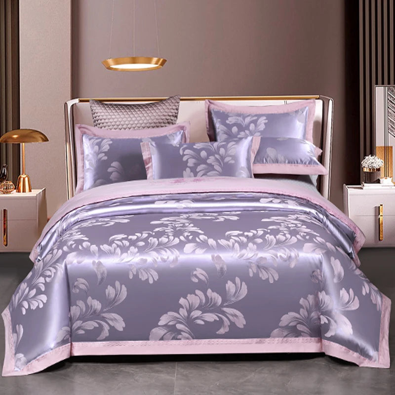 Luxury Jacquard Bedding Sets Floral Grey Pink Comfort A/B High-End Embroidery Duvet Pillowcase Flat Bed Sheet Queen King Size