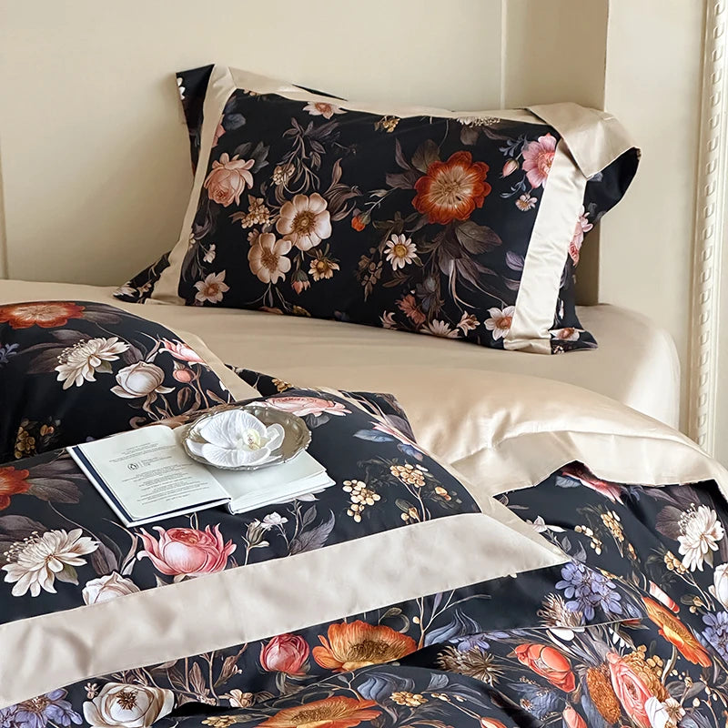 Egyptian Cotton Garden Print Bed Set - Navy, 4pcs, Double/Queen/King