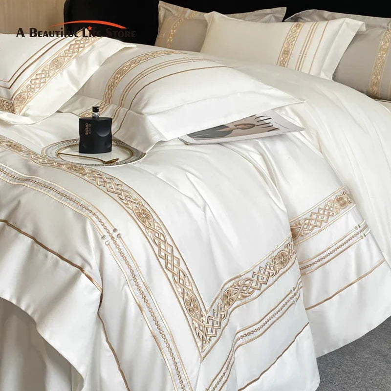 Luxury Egyptian Cotton Bed Set - Gold Embroidery, White/Grey, Hotel Style