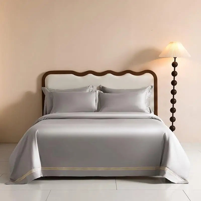 Egyptian Cotton White Duvet Cover Set with Silver Embroidery Border(1Duvet Cover+2Pillow Shams)Soft Breathable