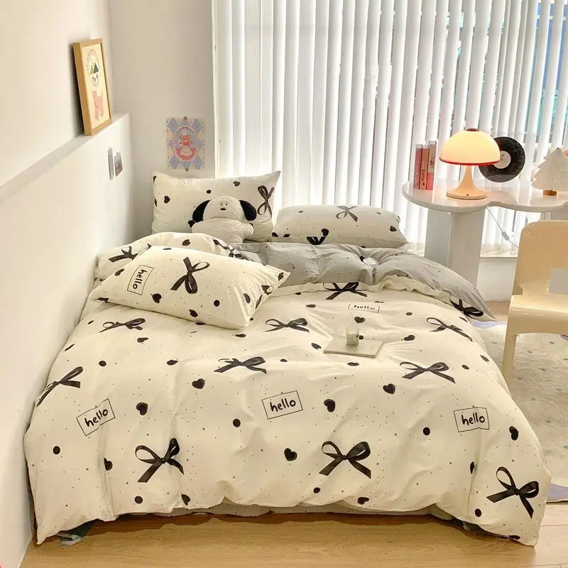 Cute White Black Bow Knot Bedding Set Polyester Fibre Bed Linen Soft Quilt Cover Sheet Simple Bedspread Girl Adult Home Textiles