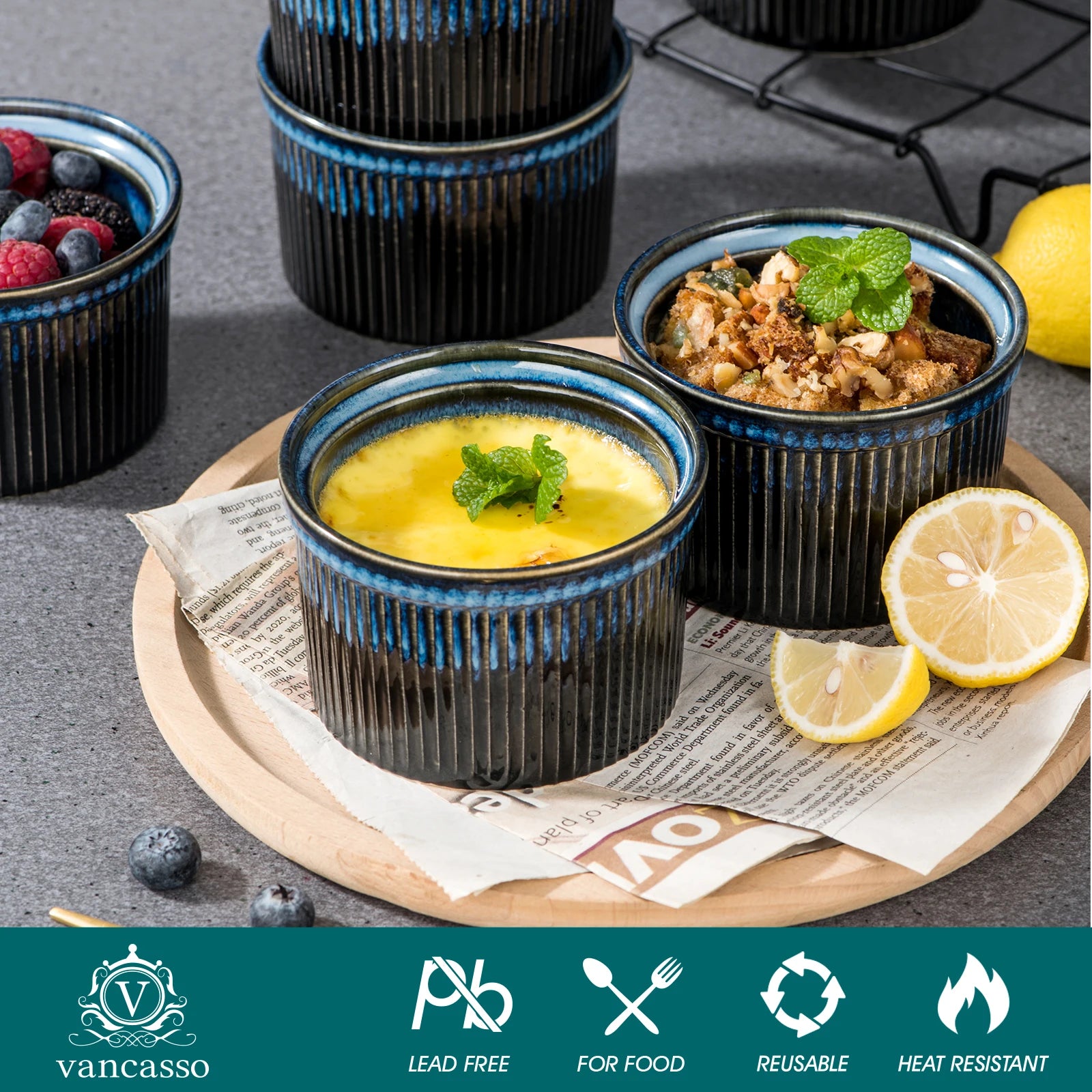 Vancasso Blue Ramekin Set - 6/12pc, Oven-Safe Soufflé Molds