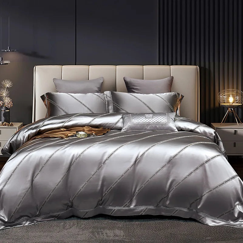 Luxury Satin Jacquard Bed Set - Gold Leaves, Egyptian Cotton, Duvet Cover & Sheets