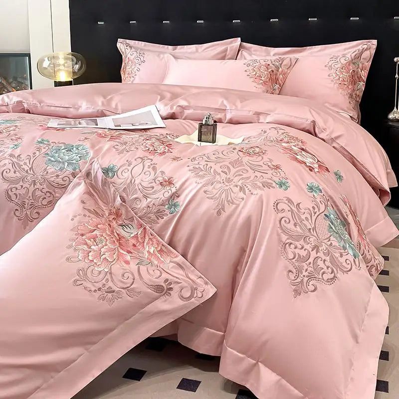 2025 New 100%Cotton Chic Embroidery Bedding Set Double Queen King 4Pcs Duvet Cover Flat/Fitted Bed Sheet Pillowcases