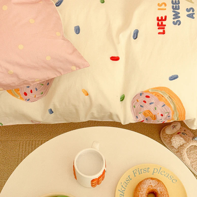 Kawaii Cute Donuts Bedding Set Flat Bed Sheet Girls Duvet Cover Single Double Full QueenSize Soft Bedclothes Pink Bedroom Linen