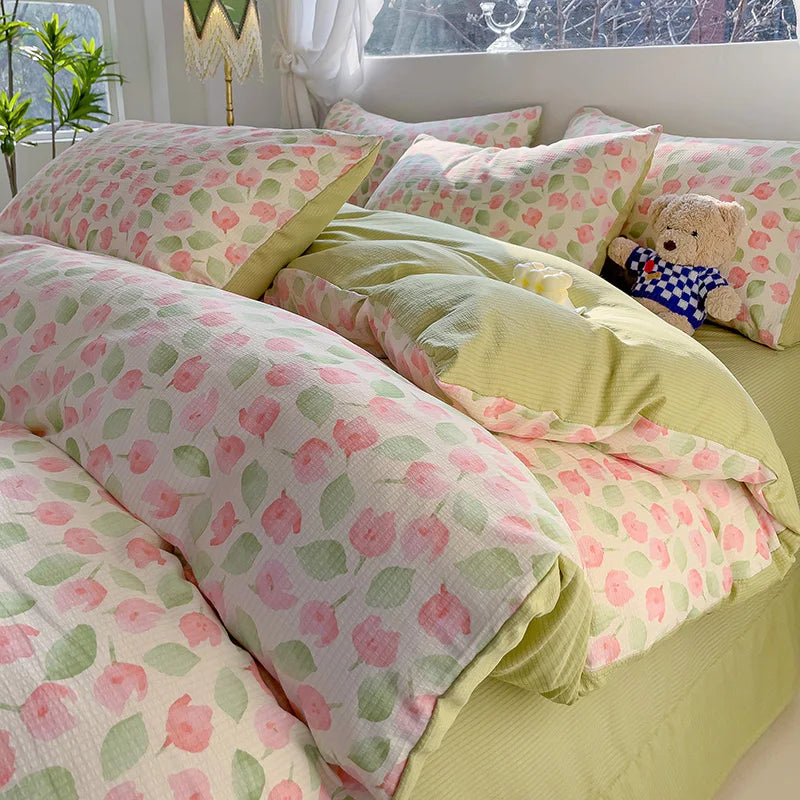 Fresh Botanical Floral Bedding Set Pink Flower Duvet Cover Bed Sheet Soft Quilt Cover with Pillowcase 200x230cm 4pcs No Filler