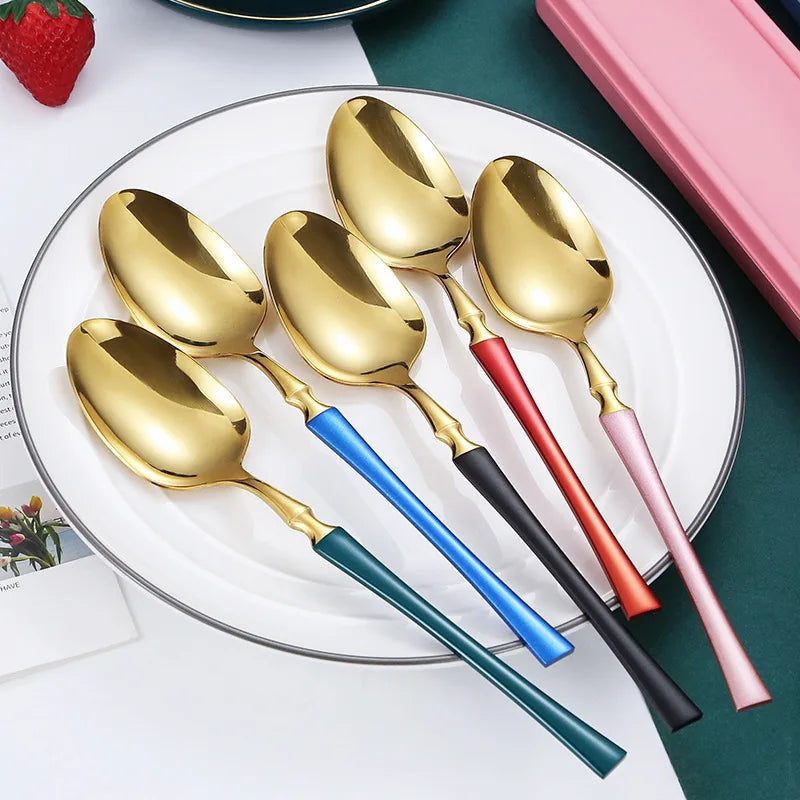 24pcs Stainless Steel Cutlery Set - Black/Gold, Dishwasher Safe