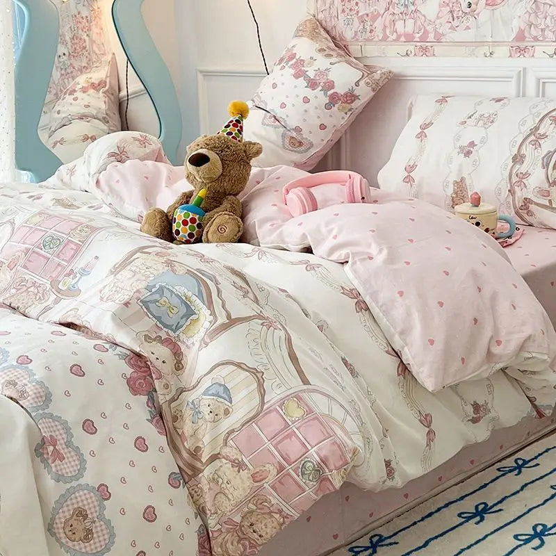 2025 New INS Bowknot Duvet Cover Flat Sheet Pillowcase Full Queen Size Floral Bedding No Filler Kids Adult Girls Boys Bed Linens