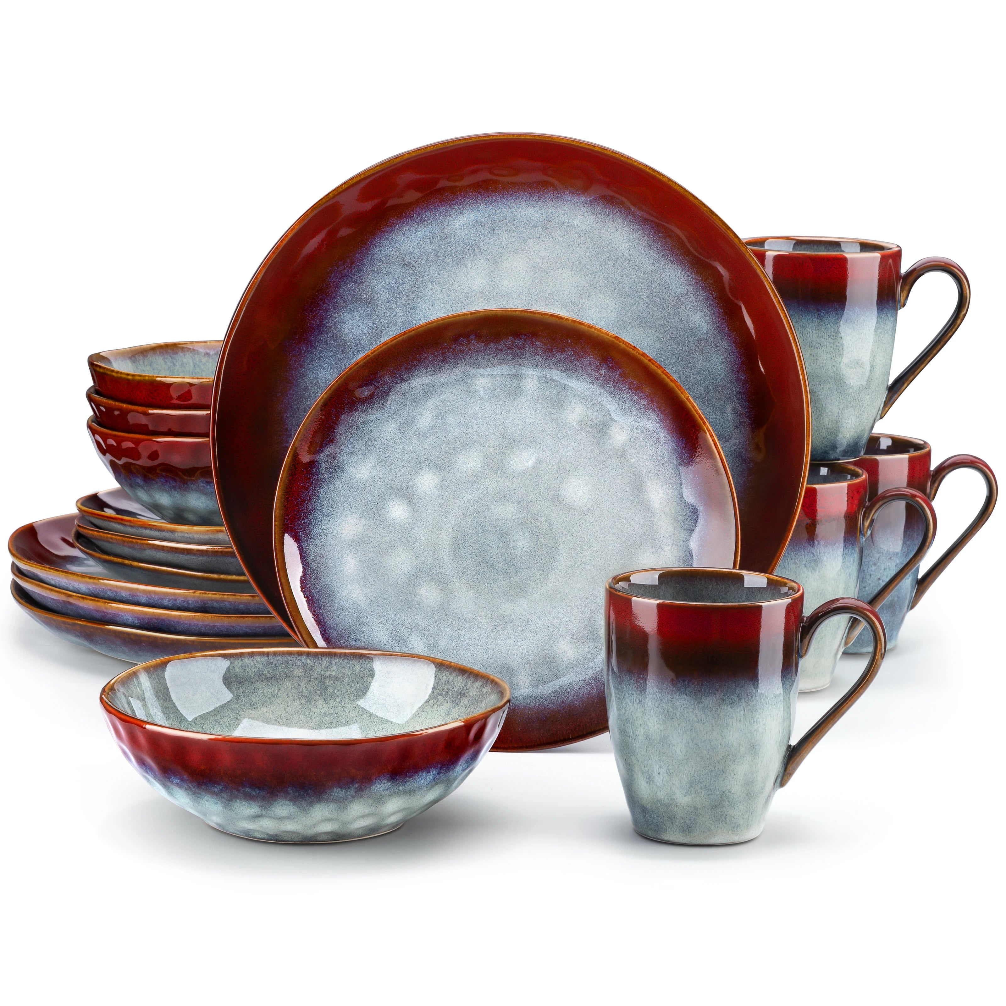 vancasso 16/32/48-Piece Dinner Set,Red Green Kiln Change Glaze Tableware Dinner Service with Dinner Plate,Dessert Plate,Bowl,Mug