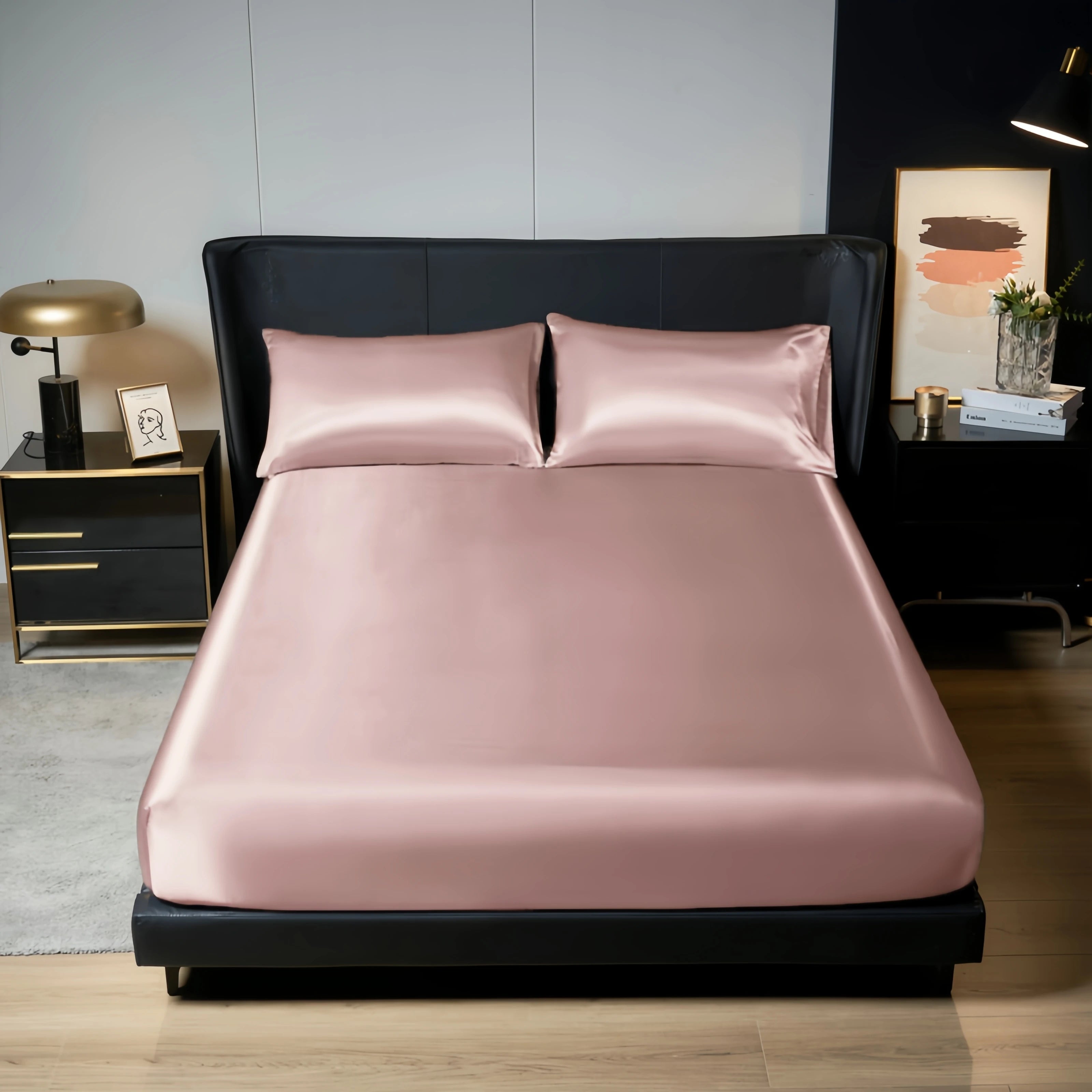 Drap-housse de literie en satin 100 % polyester (sans taie d'oreiller) avec bande élastique autour de la housse de matelas pour lit king size 